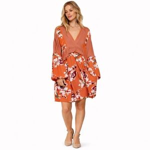 POL Dress Rust Floral Print V Neck Size S & M NWT